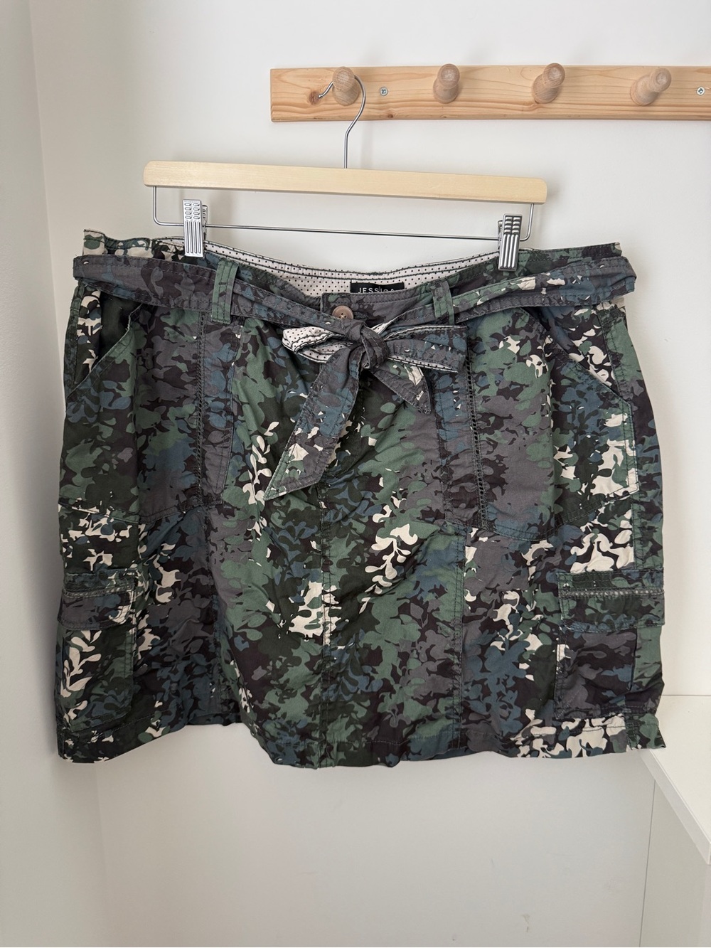 Plus Size Jessica Green and Gray Camo Cargo Mini Skirt with Tie Belt